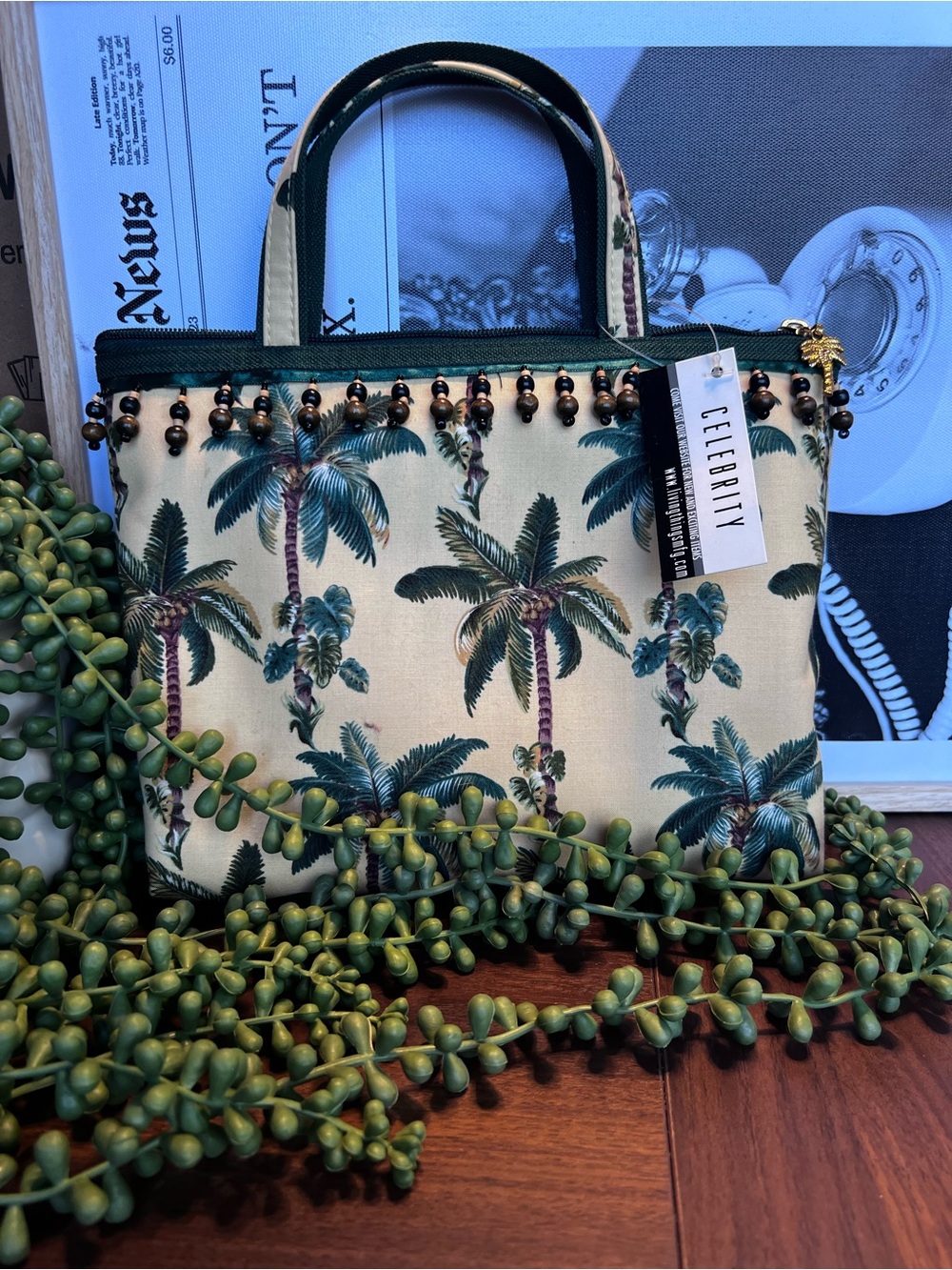 VTG handbag and pouch tropical yellow palm tree print & beaded Trim purse.